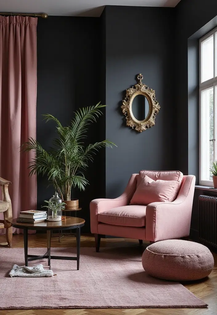 30 Glamorous Black and Pink Living Room Decor Ideas - 14. Incorporate Metallic Accents 1