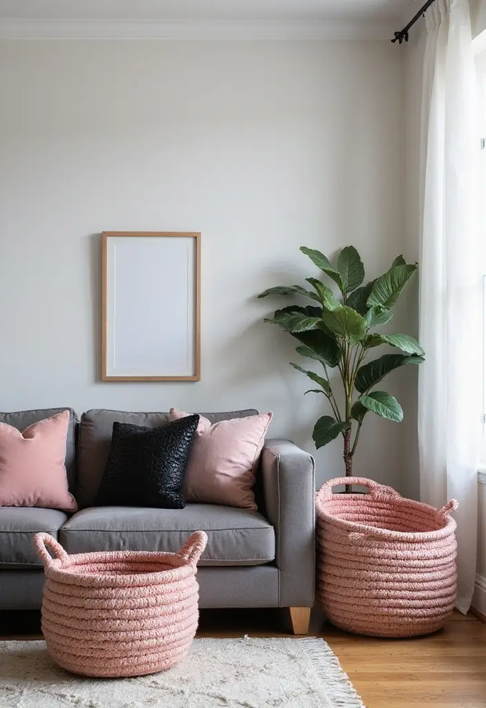 30 Glamorous Black and Pink Living Room Decor Ideas - 15. Decorative Storage Baskets 1