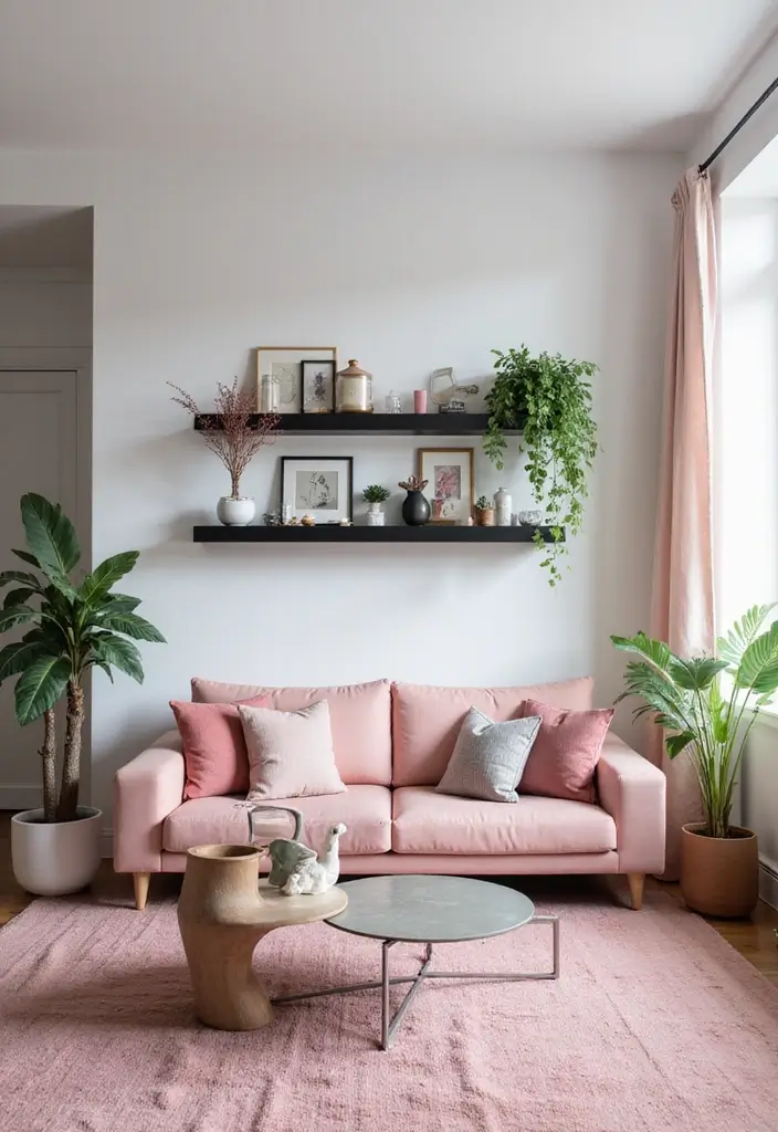 30 Glamorous Black and Pink Living Room Decor Ideas - 16. Floating Black Shelves with Decor 1