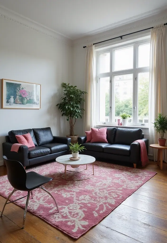 30 Glamorous Black and Pink Living Room Decor Ideas - 19. Create Zones with Rugs 1