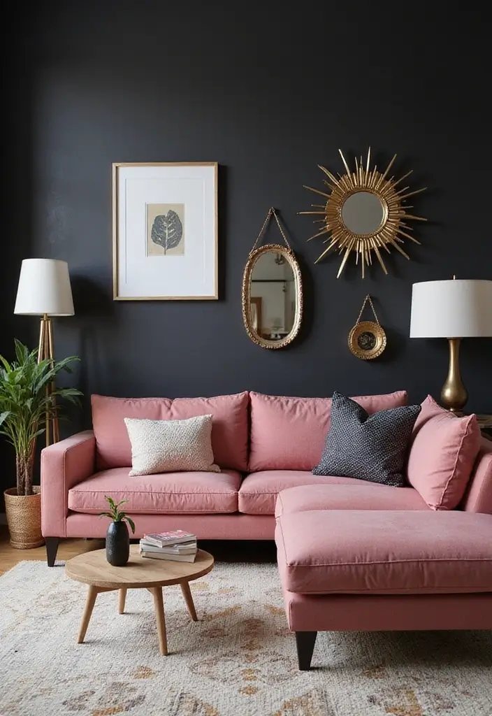 30 Glamorous Black and Pink Living Room Decor Ideas - 2. Bold Black Accent Wall 1