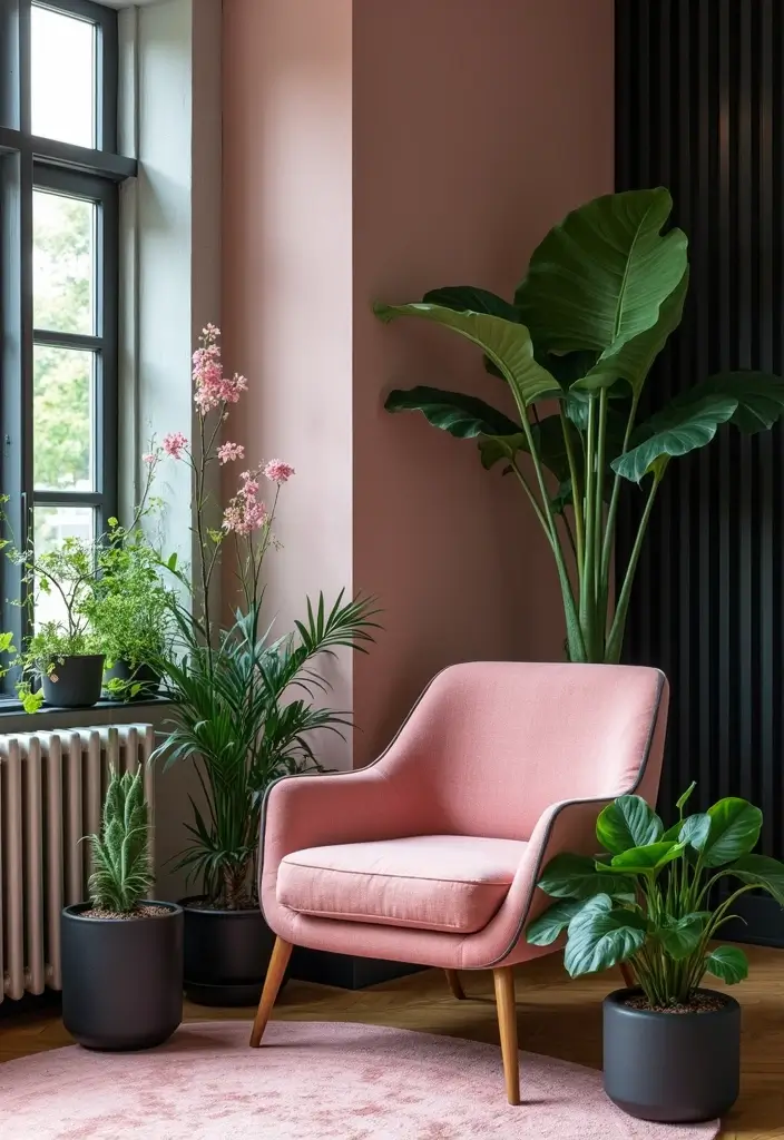 30 Glamorous Black and Pink Living Room Decor Ideas - 23. Incorporating Nature 1
