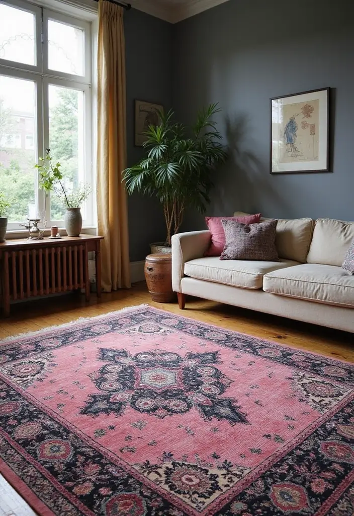 30 Glamorous Black and Pink Living Room Decor Ideas - 28. Vintage Rugs 1