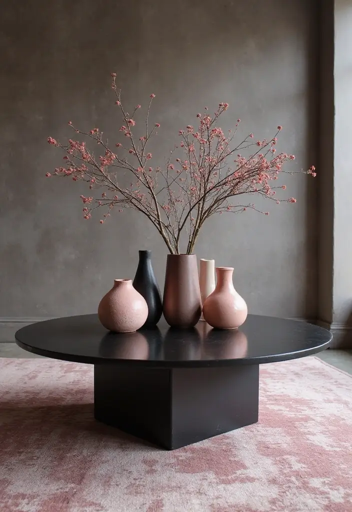 30 Glamorous Black and Pink Living Room Decor Ideas - 29. Artistic Centerpieces 1