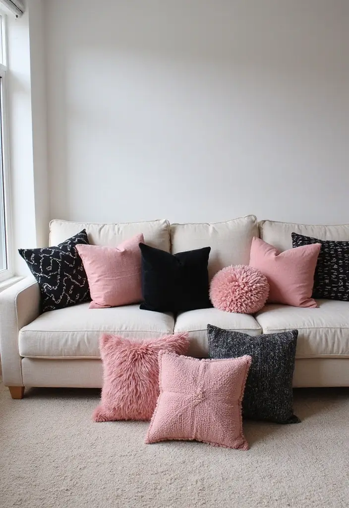 30 Glamorous Black and Pink Living Room Decor Ideas - 3. Playful Throw Pillows 1