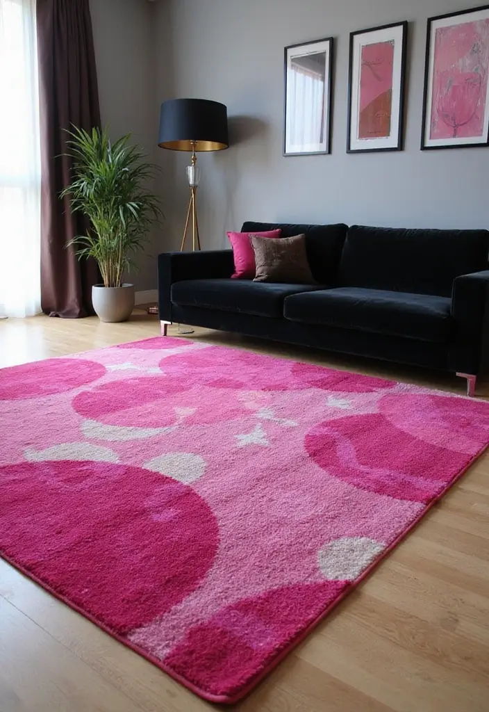 30 Glamorous Black and Pink Living Room Decor Ideas - 4. Chic Area Rugs 1