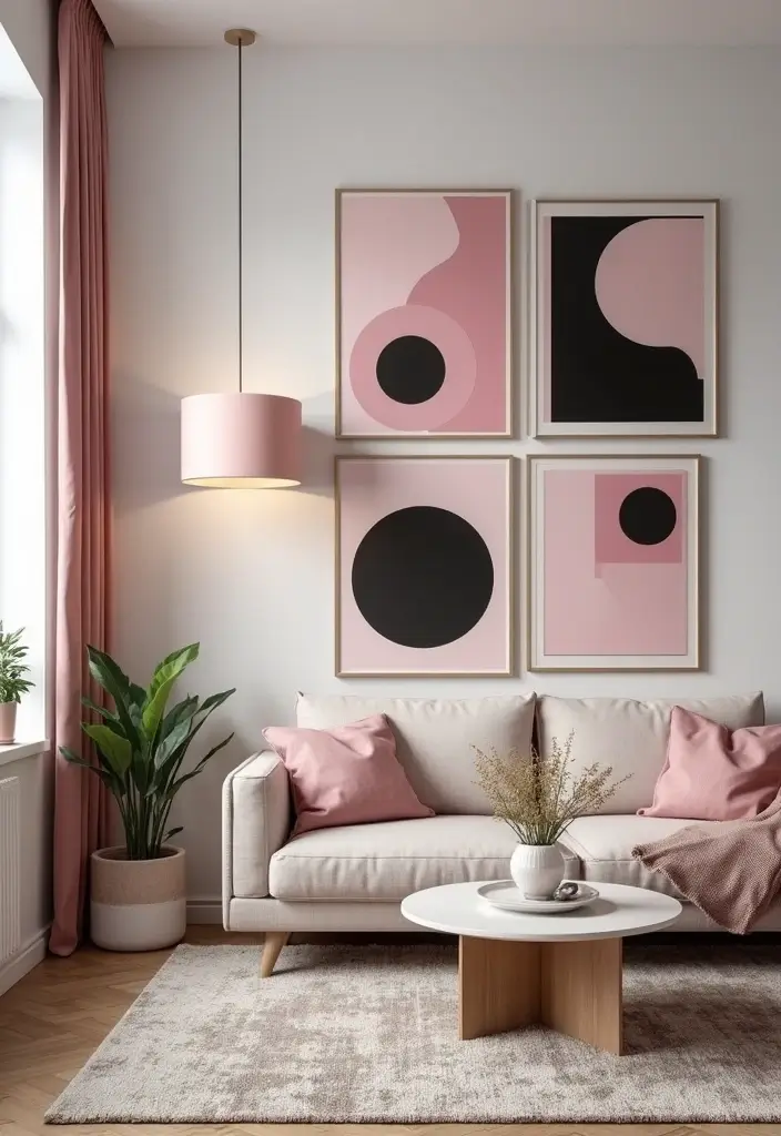 30 Glamorous Black and Pink Living Room Decor Ideas - 6. Statement Art Pieces 1