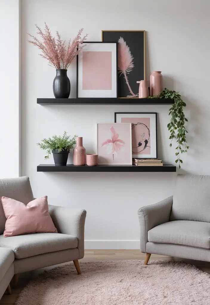 30 Glamorous Black and Pink Living Room Decor Ideas - 7. Decorative Black Shelves 1