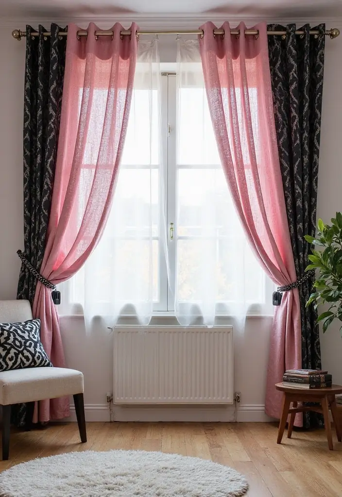 30 Glamorous Black and Pink Living Room Decor Ideas - 9. Pink and Black Curtains 1