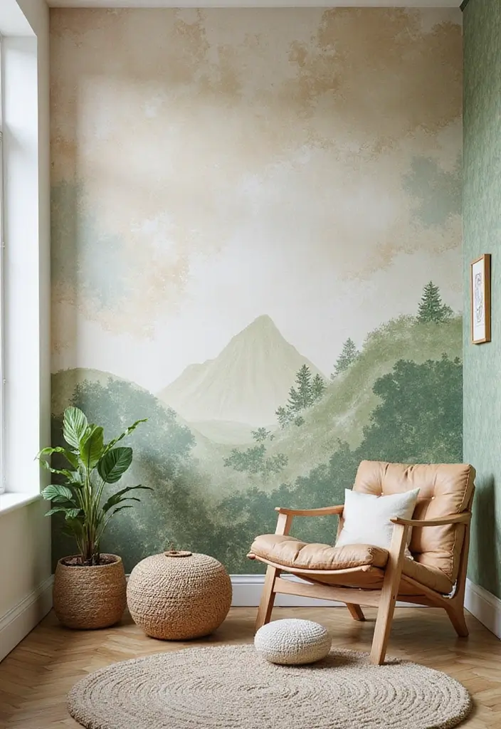 30 Green Living Room Decor Ideas for a Fresh Look - 18. Eco-Friendly Wallpaper 1