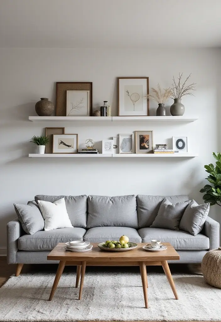 30 Grey Couch Living Room Decor Ideas - 10. Open Shelving 1