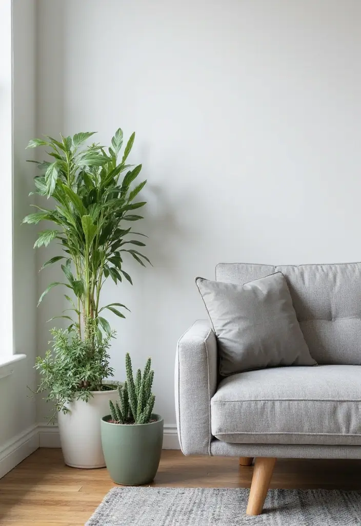 30 Grey Couch Living Room Decor Ideas - 12. Minimalist Greenery 1