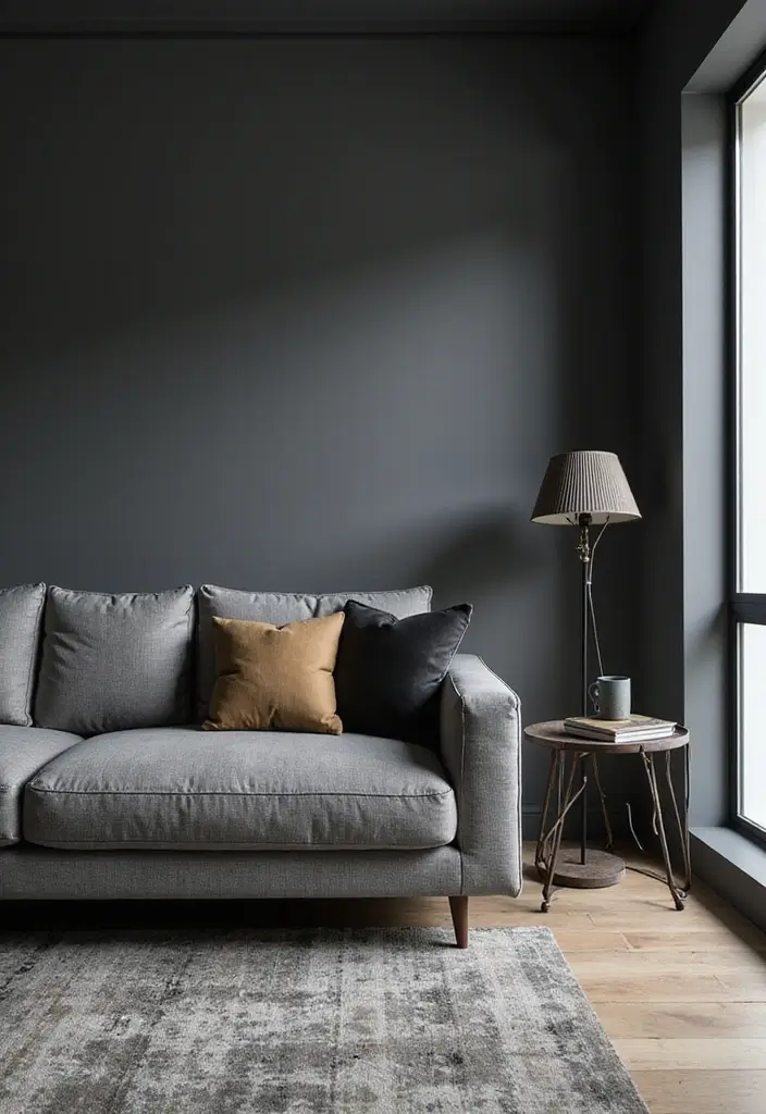 30 Grey Couch Living Room Decor Ideas - 15. Contrast with Dark Accents 1