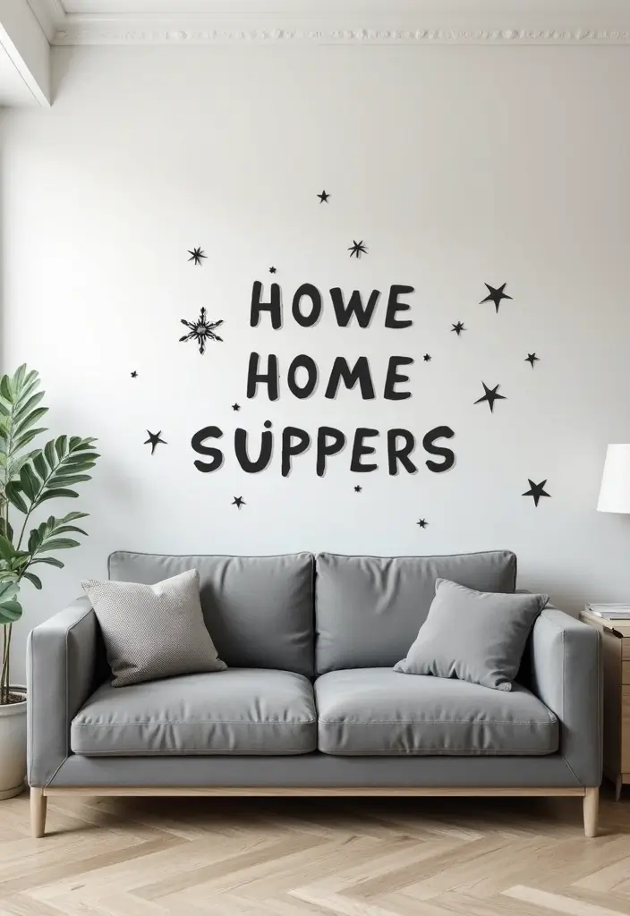 30 Grey Couch Living Room Decor Ideas - 21. Personalized Wall Decals 1