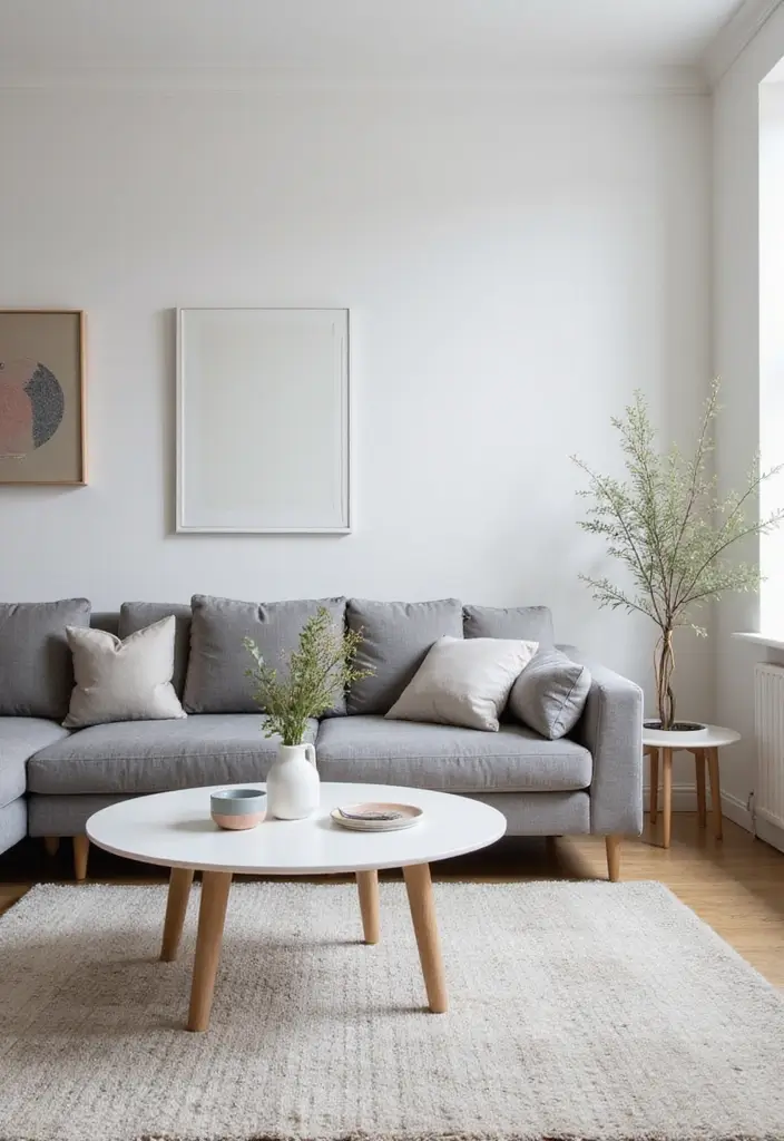 30 Grey Couch Living Room Decor Ideas - 24. Minimalist Coffee Tables 1