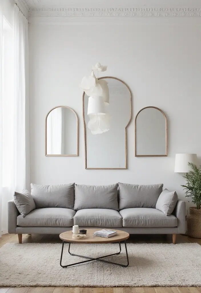 30 Grey Couch Living Room Decor Ideas - 26. Use of Mirrors 1