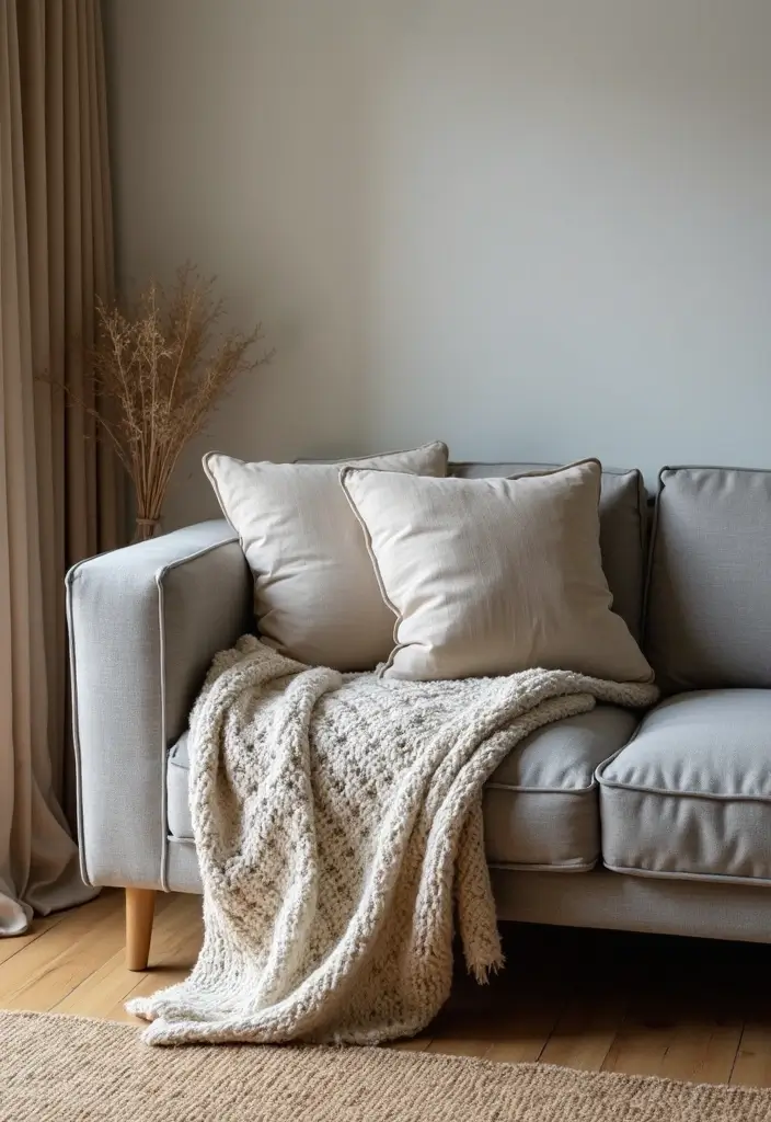30 Grey Couch Living Room Decor Ideas - 27. Textured Throws 1