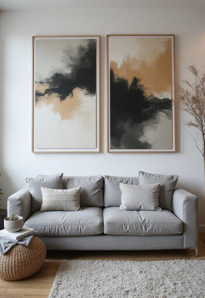 30 Grey Couch Living Room Decor Ideas - 29. Contemporary Art Pieces 1