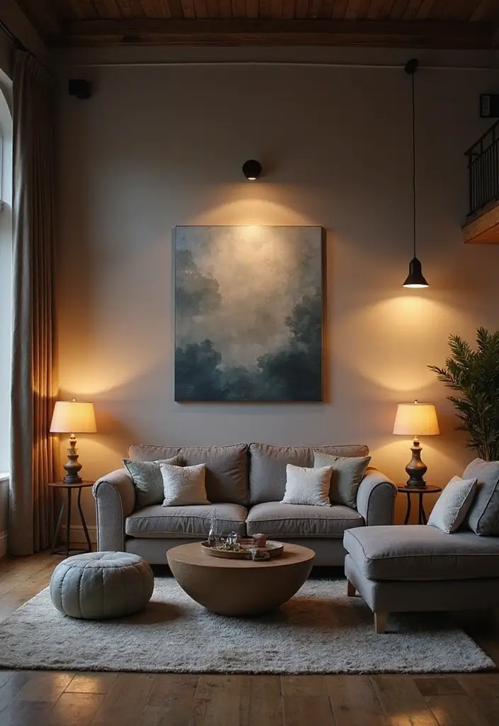 30 Grey Couch Living Room Decor Ideas - 7. Lighting Magic 1