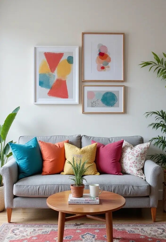30 Grey Couch Living Room Decor Ideas - 8. Colorful Accents 1