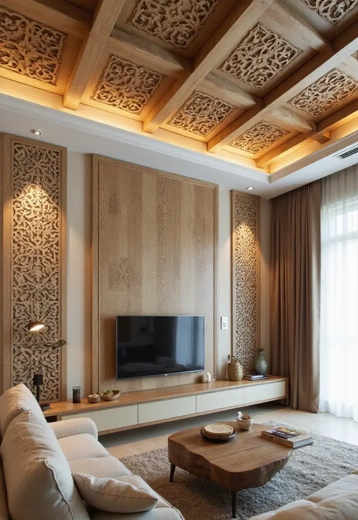 30 Indian Living Room Decor Ideas for Vibrant Homes - 13. Decorative Ceilings 1