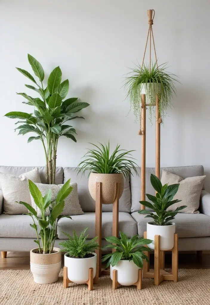 30 Indian Living Room Decor Ideas for Vibrant Homes - 23. Artistic Plant Holders 1