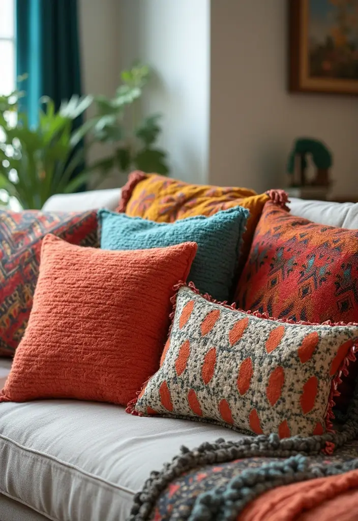 30 Indian Living Room Decor Ideas for Vibrant Homes - 4. Vibrant Throw Pillows 1