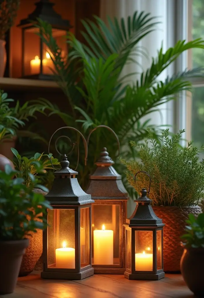30 Lantern Living Room Decor Ideas - 10. Combining Lanterns with Plants 1