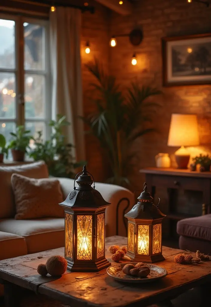 30 Lantern Living Room Decor Ideas - 19. Vintage-Inspired Lanterns 1