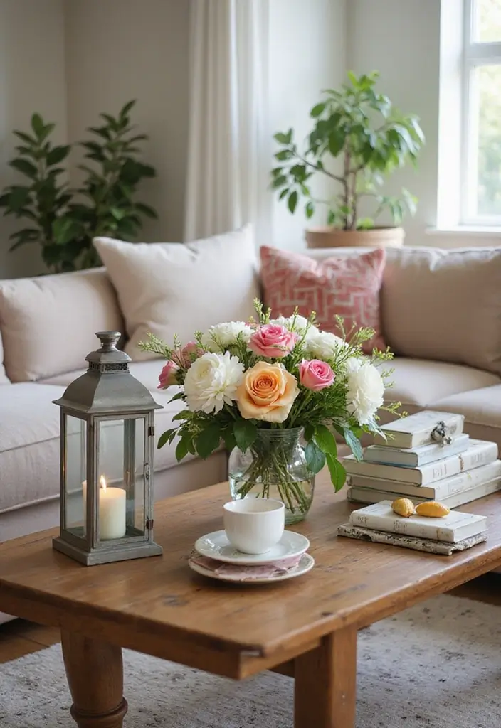 30 Lantern Living Room Decor Ideas - 29. Lanterns with Fresh Flowers 1