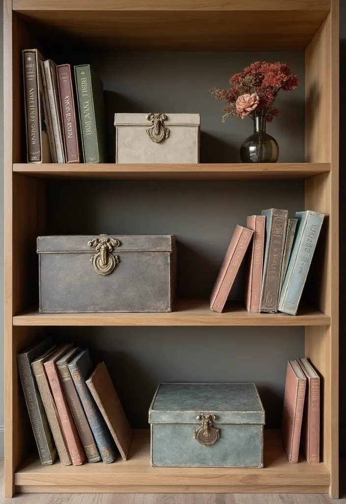 30 Living Room Bookshelf Decor Ideas - 10. Decorative Boxes 1