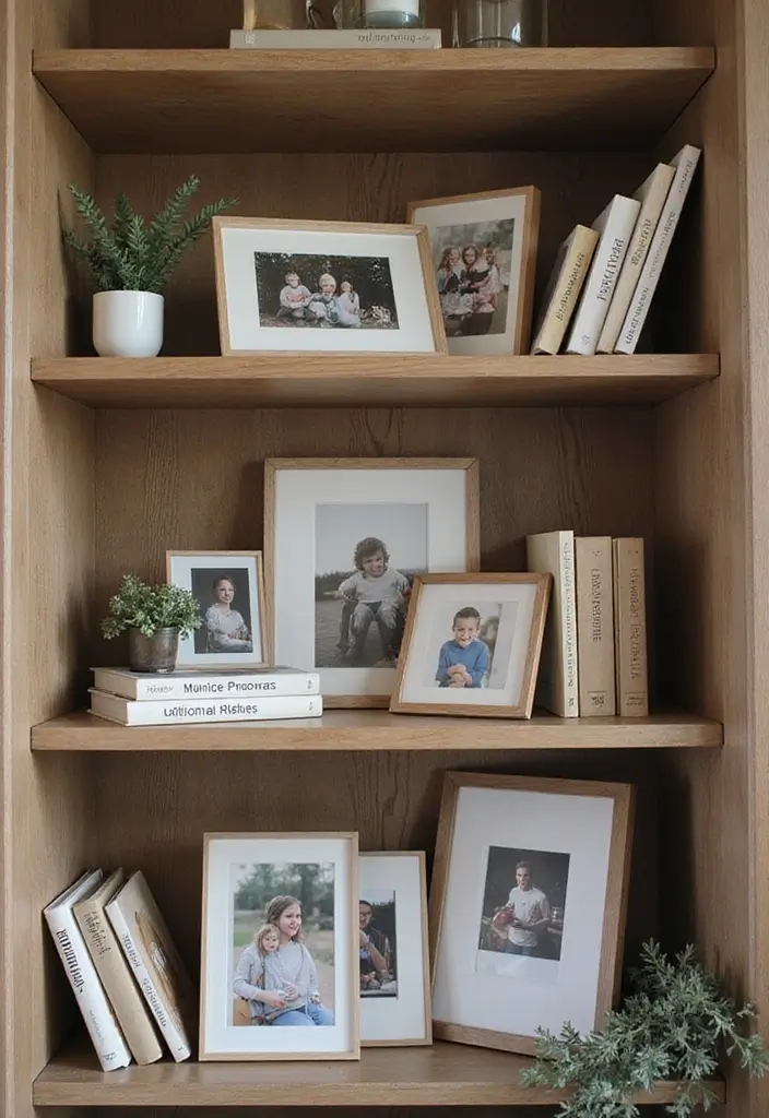 30 Living Room Bookshelf Decor Ideas - 11. Framed Memories 1