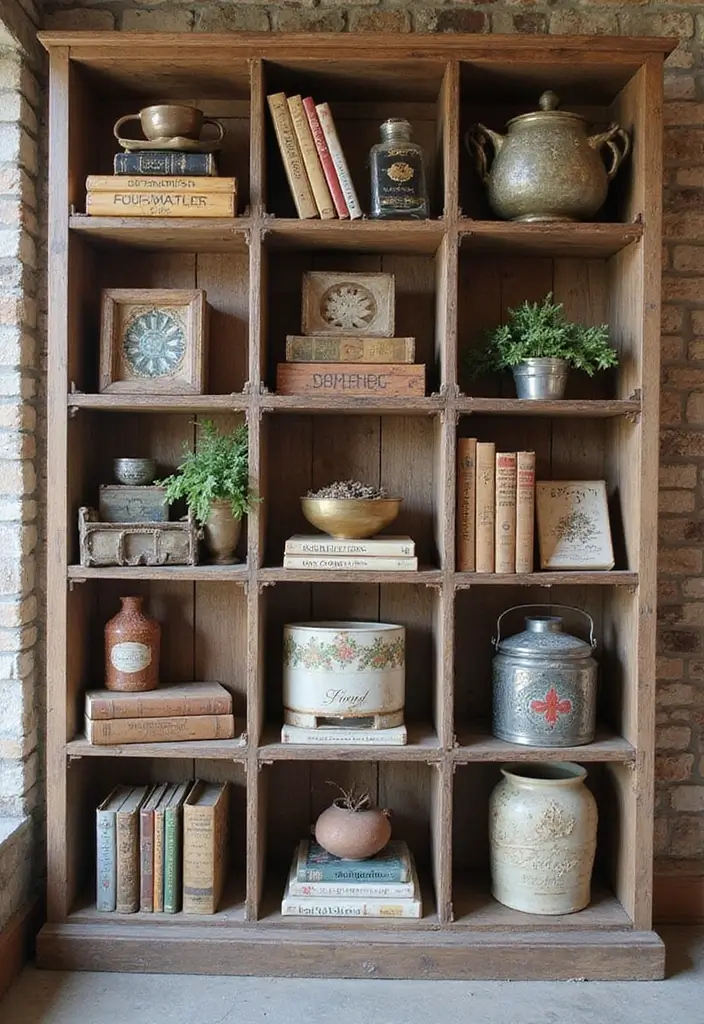 30 Living Room Bookshelf Decor Ideas - 15. Upcycled Finds 1