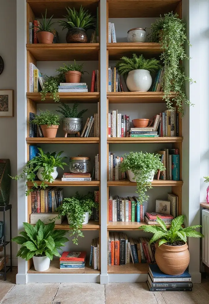 30 Living Room Bookshelf Decor Ideas - 18. Floating Plants 1