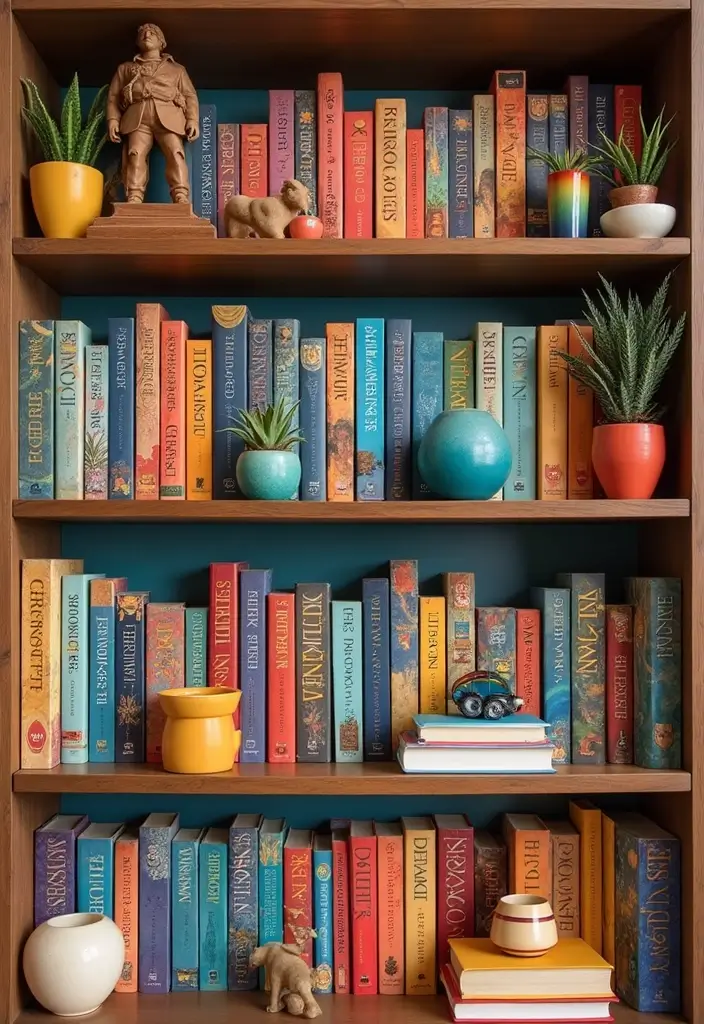 30 Living Room Bookshelf Decor Ideas - 19. Colorful Author Displays 1
