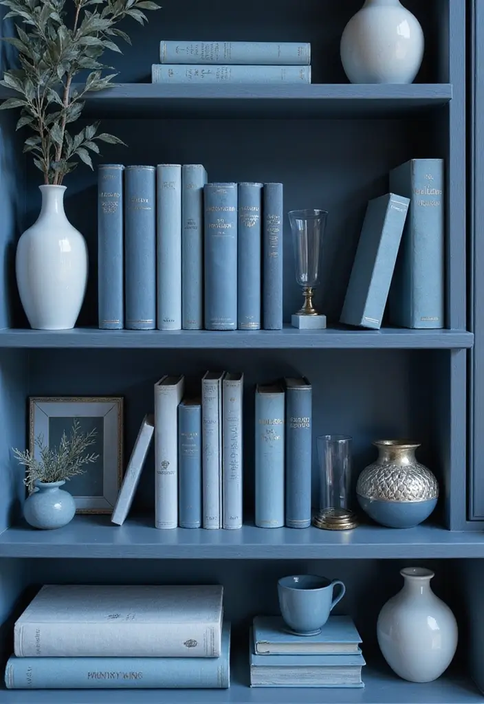 30 Living Room Bookshelf Decor Ideas - 2. Monochromatic Magic 1