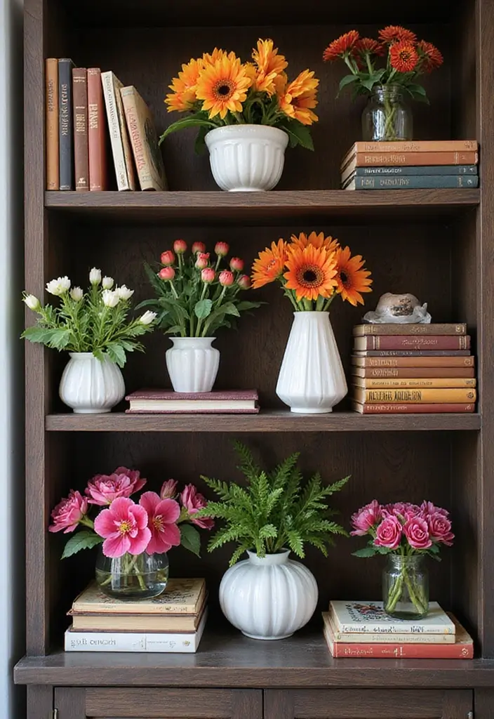 30 Living Room Bookshelf Decor Ideas - 20. Decorative Vases 1
