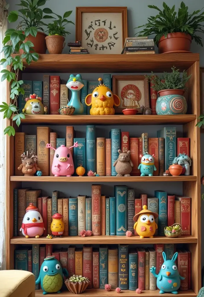 30 Living Room Bookshelf Decor Ideas - 25. Playful Elements 1