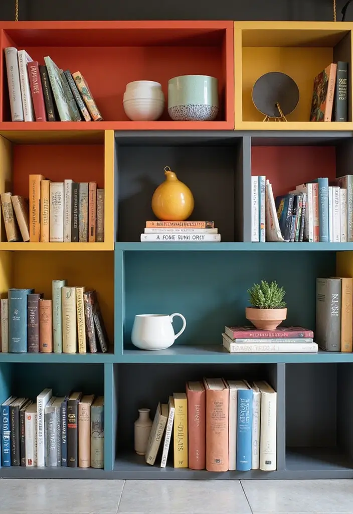 30 Living Room Bookshelf Decor Ideas - 26. Minimalist Color Blocks 1