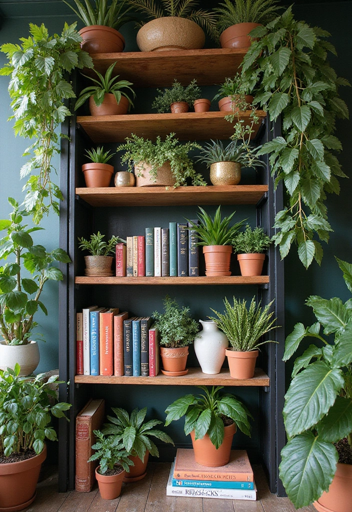 30 Living Room Bookshelf Decor Ideas - 4. Greenery Galore 1