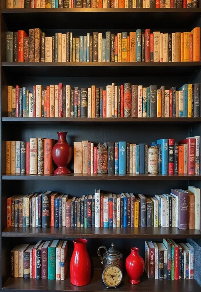 30 Living Room Bookshelf Decor Ideas - 8. Bold Book Covers 1