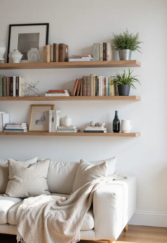 30 Living Room Bookshelf Decor Ideas - 9. Floating Shelves 1