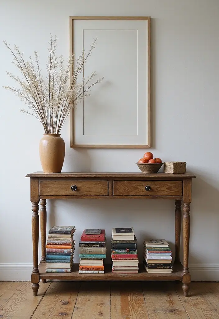 30 Living Room Console Table Decor Ideas - 13. Unique Book Stacking 1
