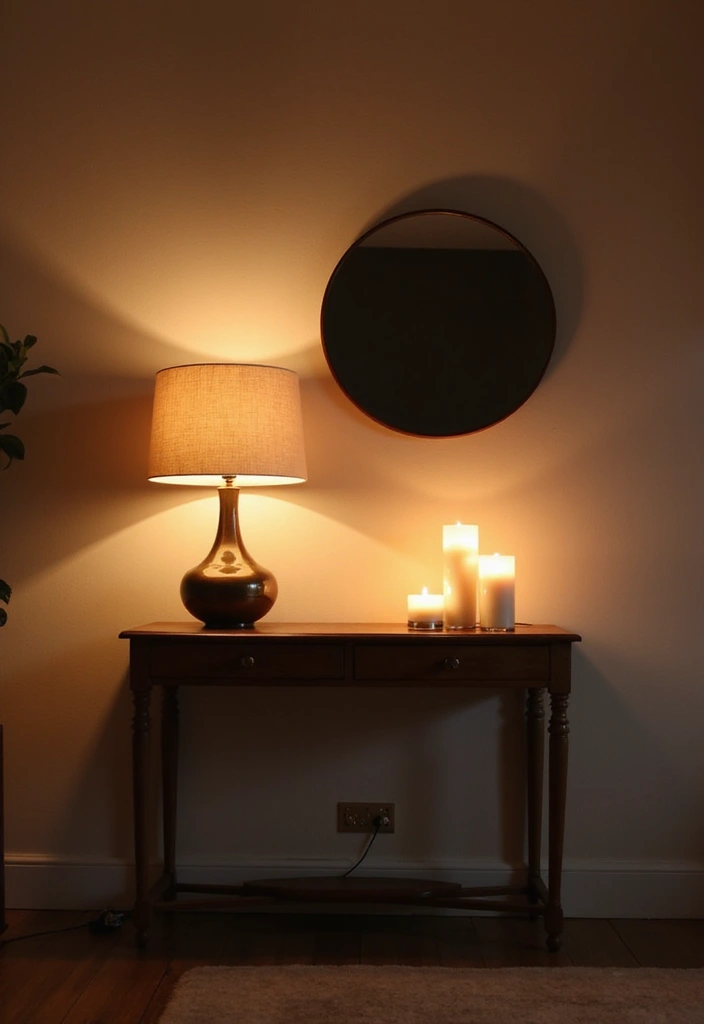 30 Living Room Console Table Decor Ideas - 16. Layered Lighting 1