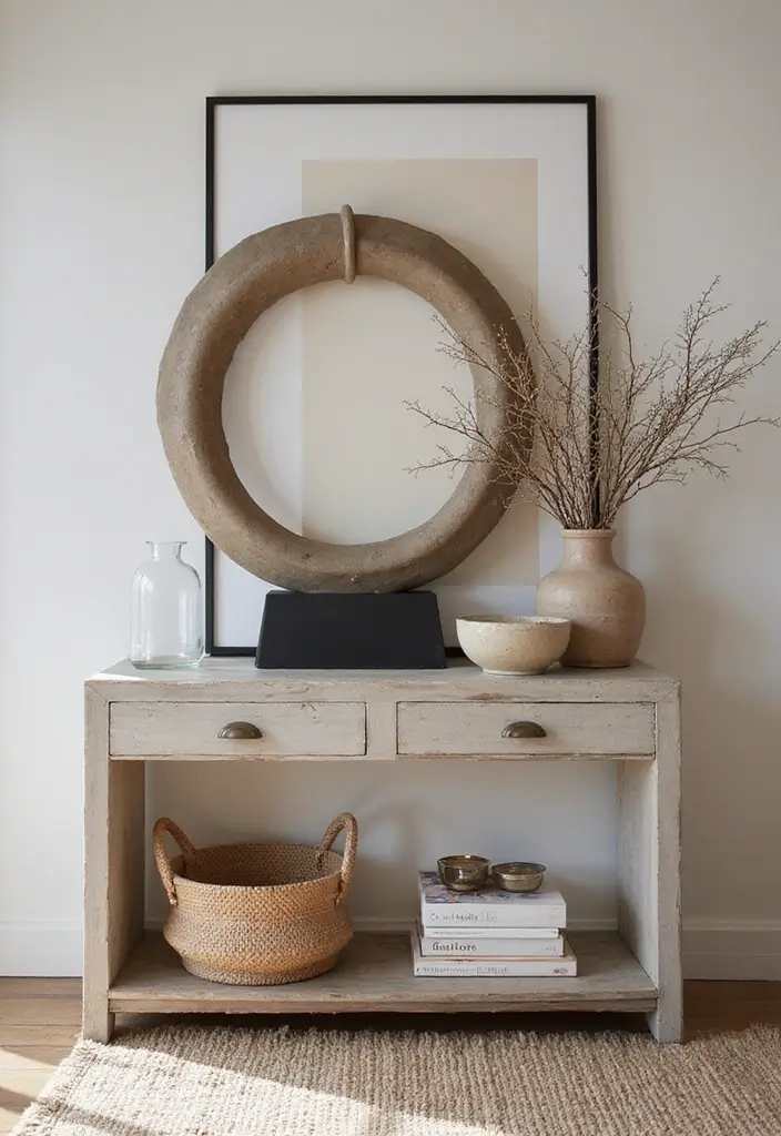 30 Living Room Console Table Decor Ideas - 17. Bold Sculptural Pieces 1