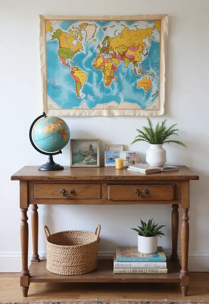 30 Living Room Console Table Decor Ideas - 20. Travel-Inspired Decor 1