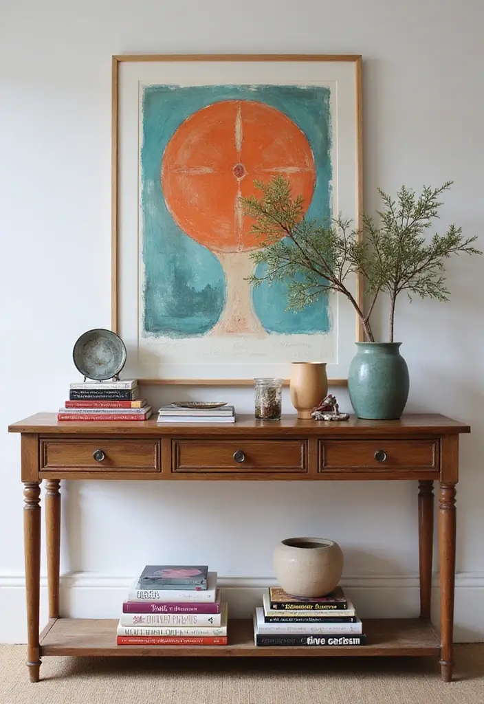 30 Living Room Console Table Decor Ideas - 22. Incorporate Art Books 1