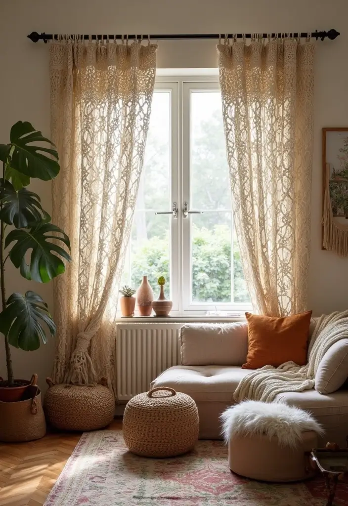 30 Living Room Curtain Ideas for Every Style - 12. Hanging Macrame 1