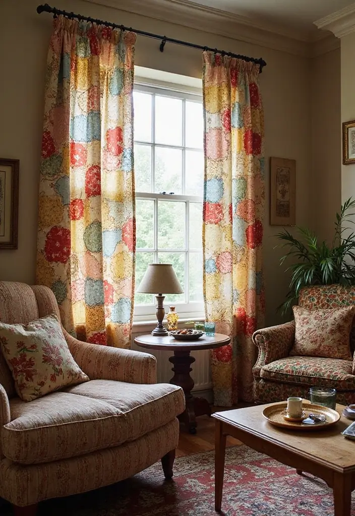 30 Living Room Curtain Ideas for Every Style - 20. Patchwork Curtains for a Homey Feel 1