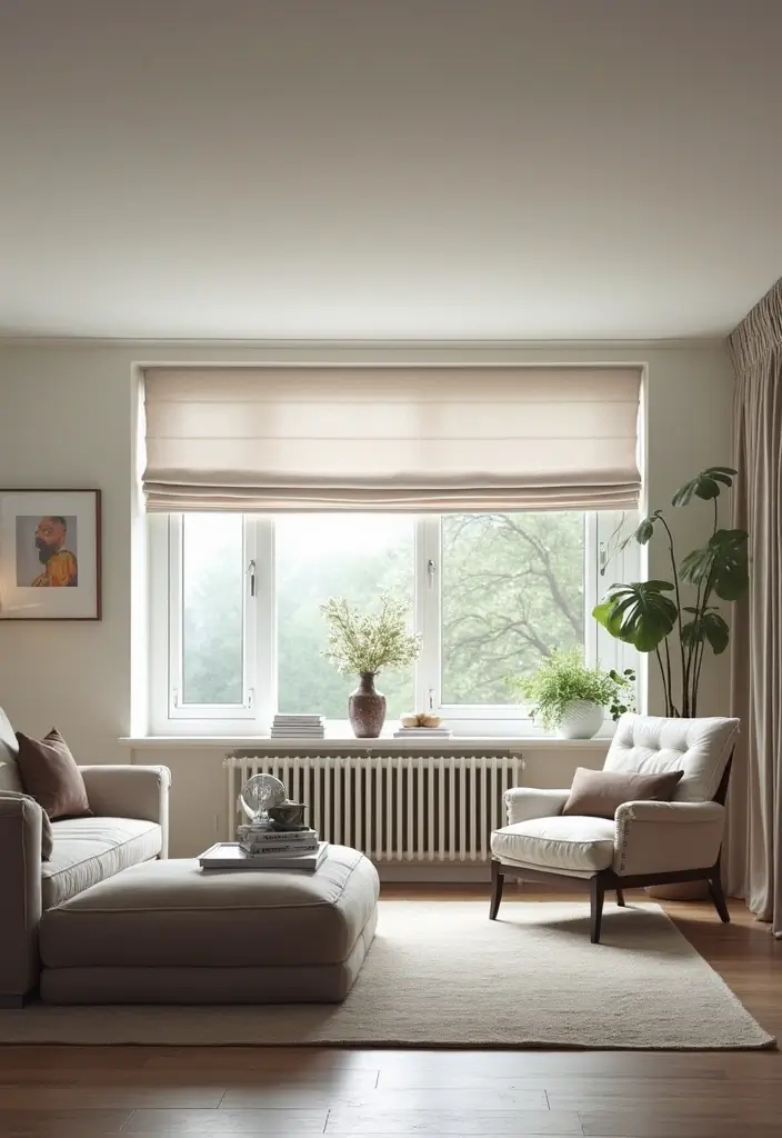 30 Living Room Curtain Ideas for Every Style - 22. Modern Roman Shades 1